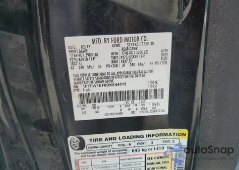 2013 Ford F150 Supercrew z USA, uszkodzony, nr VIN 1FTFW1EF6DKE44313